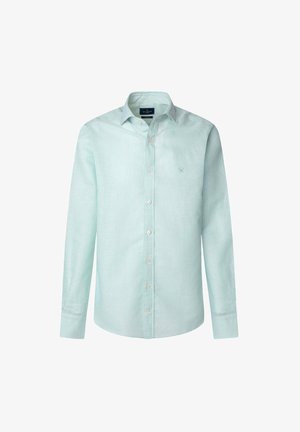 Hellgrünes, gestreiftes Hemd mit Knöpfen, aus Baumwollstoff, mit langen Ärmeln und klassischem Kragen. Es hat eine Knopfleiste vorne und ein kleines Logo auf der Brust.