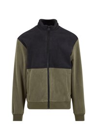 Fleece jacket featuring a high collar, with a black upper and olive green lower panel. Includes zipper front and side pockets.