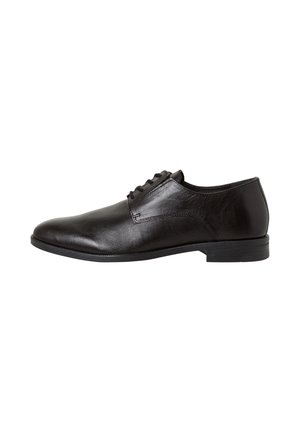Black leather dress shoe with a smooth surface, textured front, and lace-up design. Features a low, solid black heel and minimal stitching.