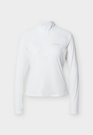 Valge pikkade varrukatega neljandiku lukuga pullover, millel on püsti kaelus ja diskreetne Columbia logo rinnal, mõeldud välitingimustes või vabaajaks kandmiseks.