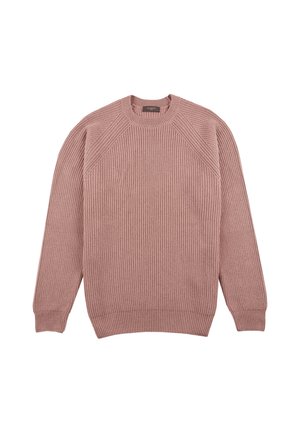 Pink ribbed knit sweater with a round neckline, long sleeves, and raglan shoulder seams. Made of soft fabric with a textured finish.