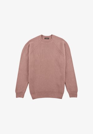 Maglione rosa a costine con scollatura rotonda, maniche lunghe e cuciture delle spalle raglan. Realizzato in un tessuto morbido con una finitura testurizzata.