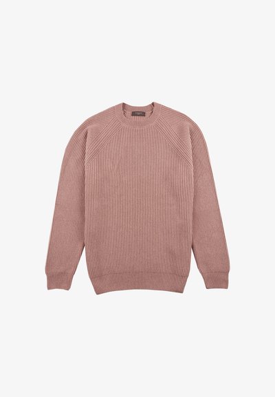 Rosa geripptes Strickoberteil mit rundem Ausschnitt, langen Ärmeln und Raglanärmeln. Hergestellt aus weichem Stoff mit einer strukturierten Oberfläche.