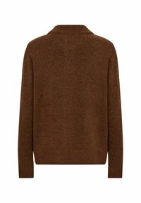 Brun stickad tröja med krage, långärmad och avslappnad passform. Texturen verkar jämn med ett konsekvent, subtilt mönster.