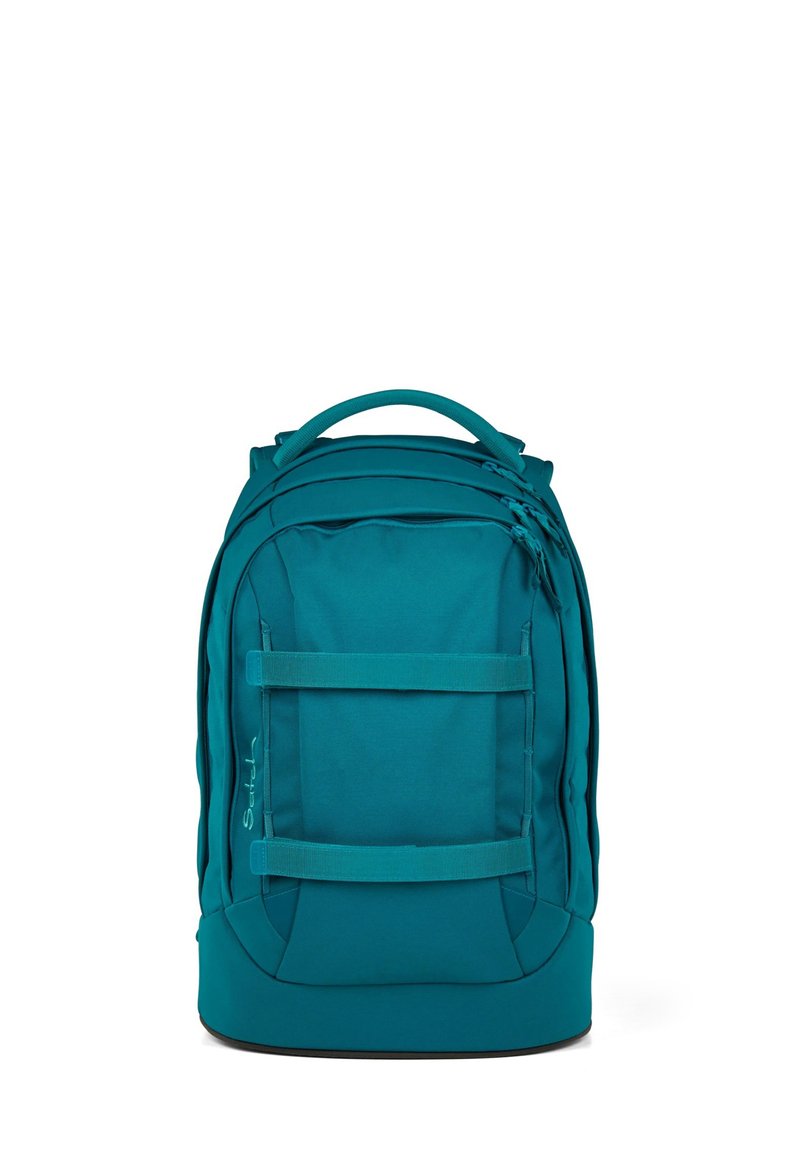 Türkise Rucksack mit strukturiertem Design, ausgestattet mit mehreren Reißverschlussfächern, einem Tragegriff an der Oberseite und vorderen Riemen für zusätzlichen Stauraum.