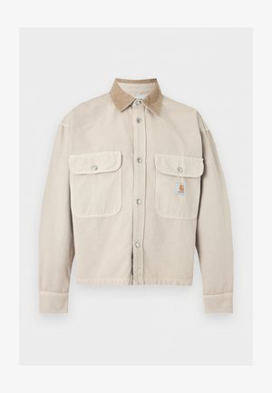 Μπεζ μπουφάν με κουμπιά, με δύο εμπρόσθιες τσέπες με φτερά και αντίθετο ανοιχτό καφέ καραβόπανο γιακά, με μικρό λογότυπο στην δεξιά τσέπη.