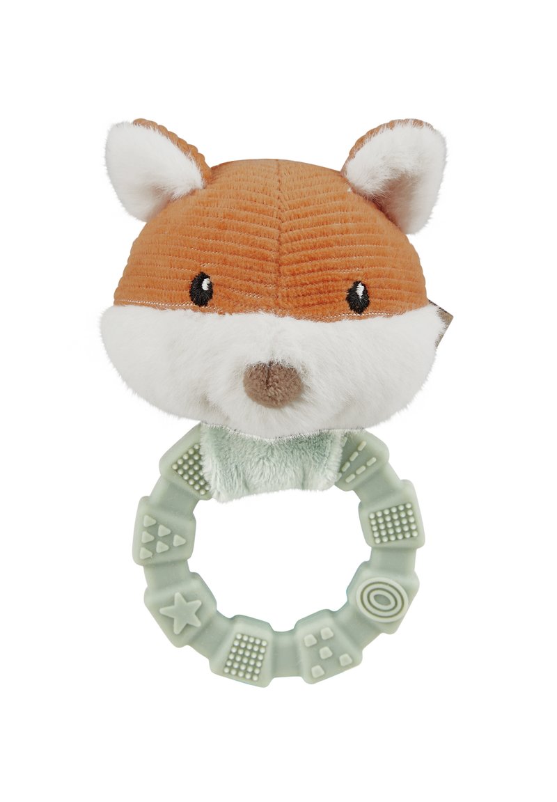 Fox head rattle with orange corduroy and white plush, featuring a mint green silicone ring with textured shapes. Suitable for infants.