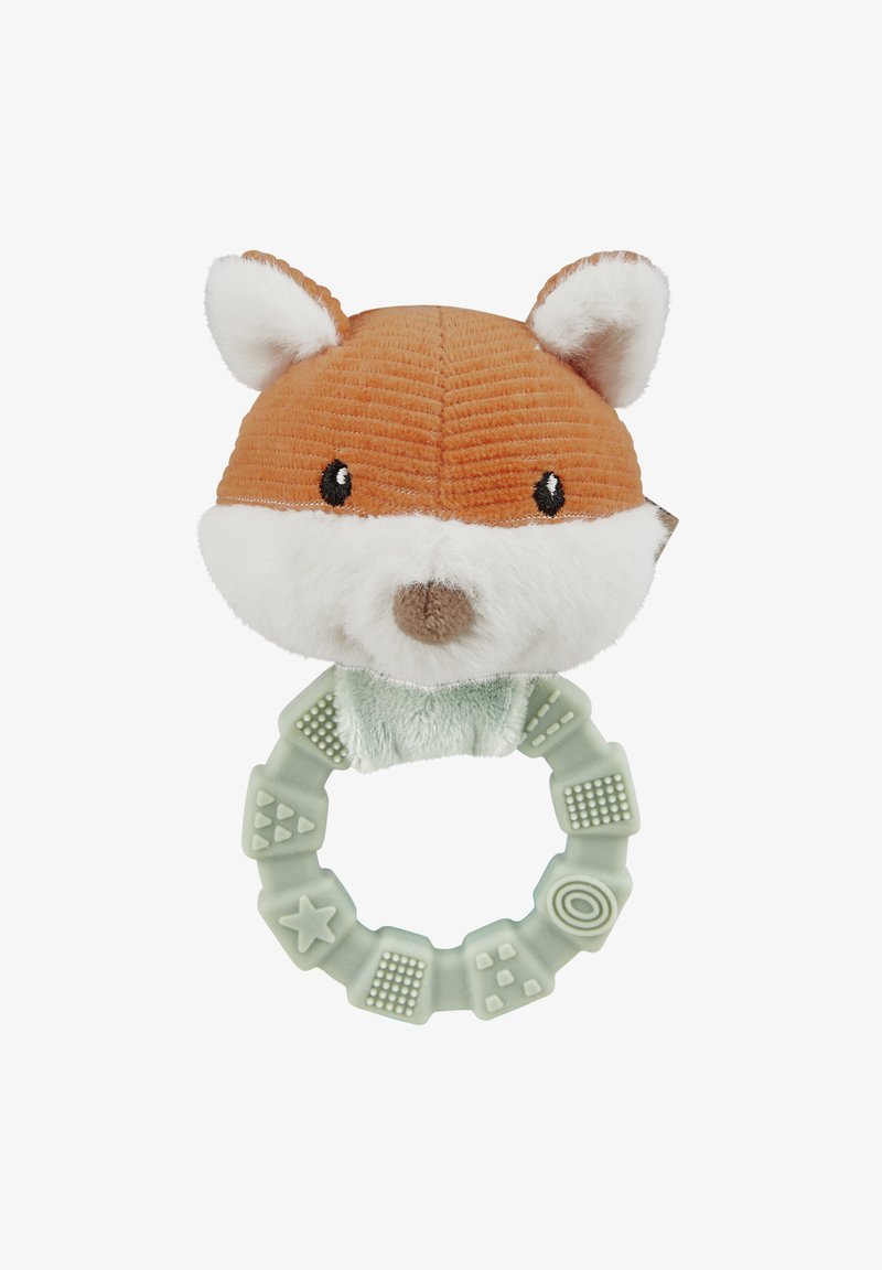 Fox head rattle with orange corduroy and white plush, featuring a mint green silicone ring with textured shapes. Suitable for infants.