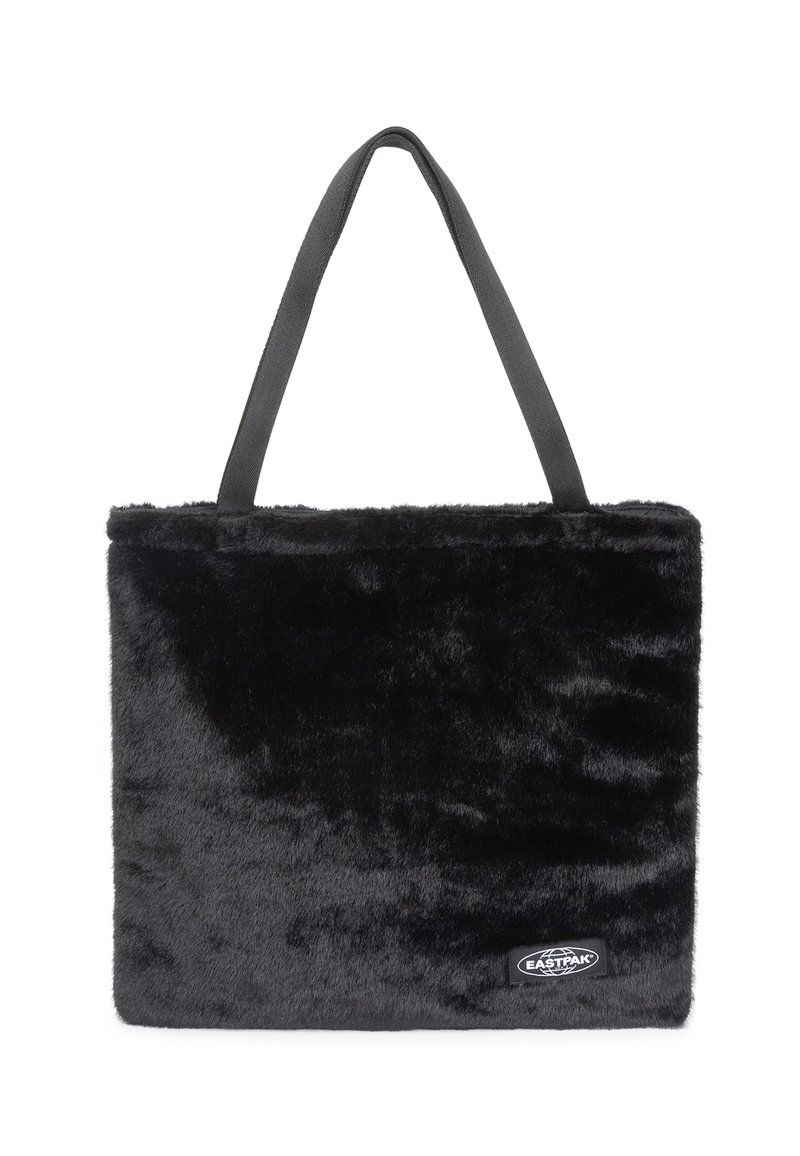 Borsa a spalla in finta pelliccia nera con manici grigi, forma rettangolare, texture morbida e una piccola etichetta nera sul davanti.