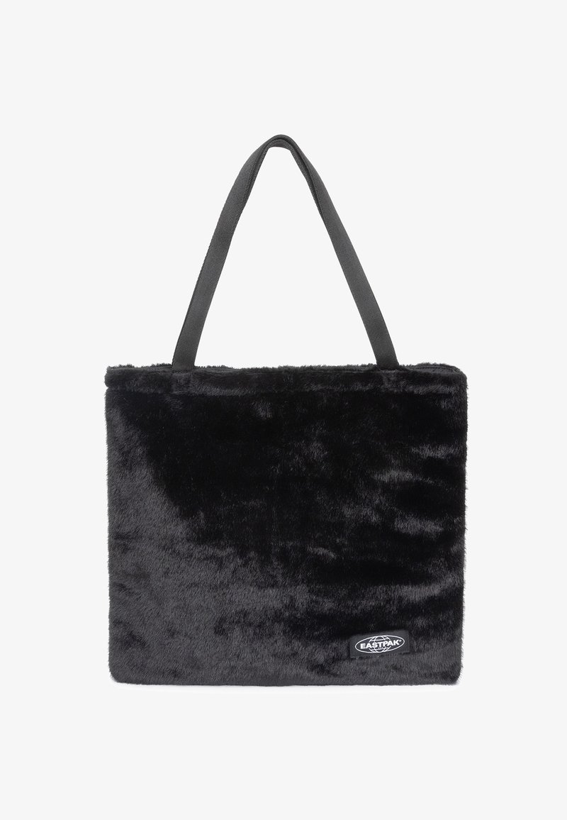 Borsa a spalla in finta pelliccia nera con manici grigi, forma rettangolare, texture morbida e una piccola etichetta nera sul davanti.