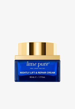 Blue glass jar with a gold lid. Label reads "âmê pure" and "NIGHTLY LIFT & REPAIR CREAM," holding 50 mL of product.