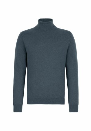 Dark blue turtleneck sweater made of soft fabric. Features long sleeves and ribbed cuffs at the wrists and waist, with a classic fit.