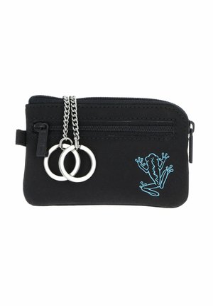 Black zippered pouch with two silver key rings on chains and a small blue frog design on the front.