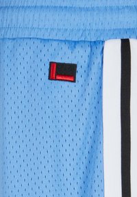 Material din plasă de culoare bleu deschis, cu perforații mici, având un patch logo roșu și negru și dungi verticale albe și negre.