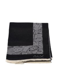 Sciarpa nera e grigia con motivo mappa e bordi frangiati. Realizzata in materiale morbido, con forma quadrata e motivo a trama contrastante.