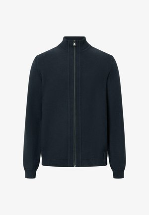 Marineblauwe gebreide cardigan met volledige rits, met geribde manchetten, zoom en hoge kraag, weergegeven op een effen witte achtergrond.