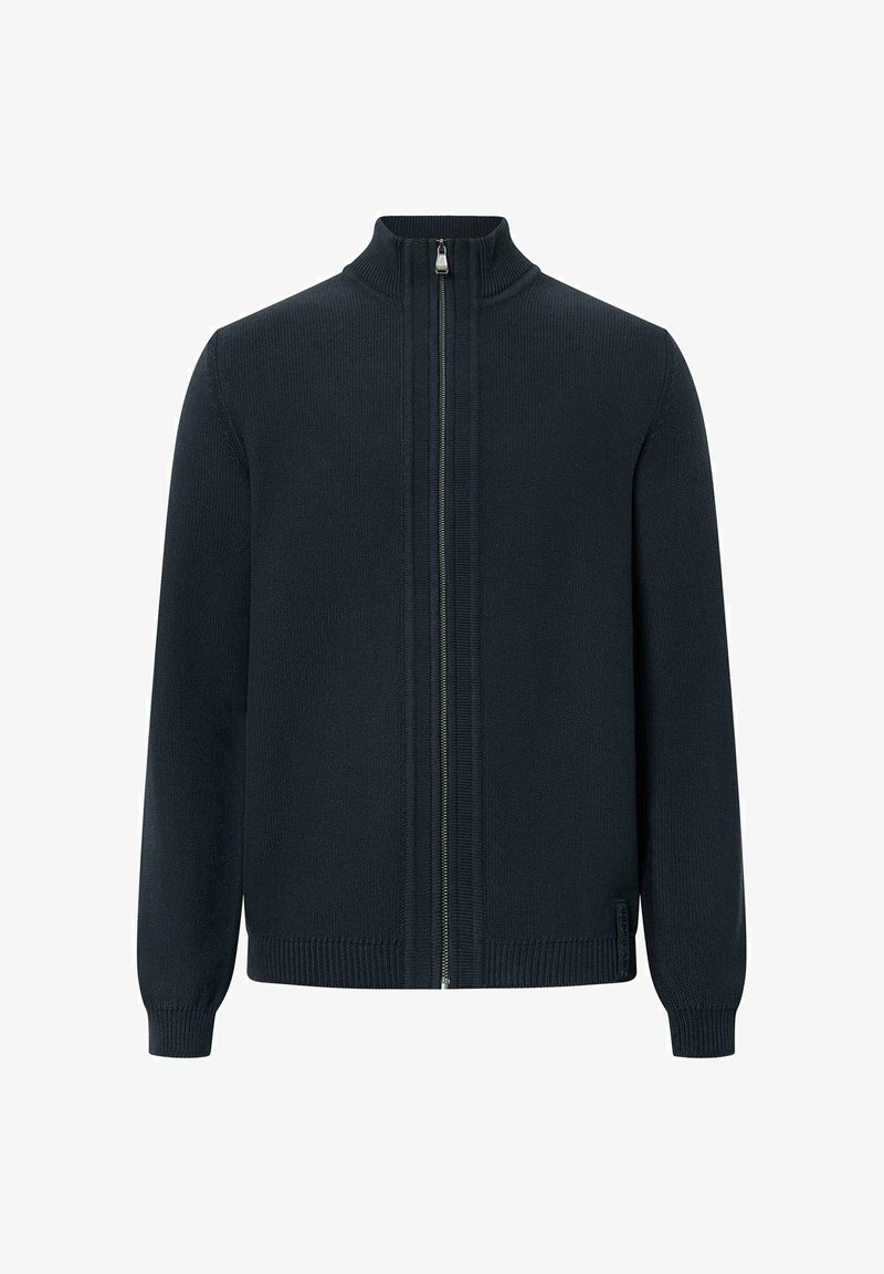 Cárdigan de punto azul marino con cremallera completa, puños y dobladillo acanalados, y cuello alto, presentado sobre un fondo blanco liso.