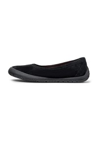 Scarpe basse nere in morbida pelle scamosciata con punta arrotondata, suola in gomma e dettagli di cucitura minimi. Design leggero e flessibile.