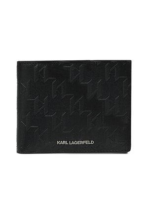 Portafoglio nero con motivo in rilievo e logo "KARL LAGERFELD" argento al centro davanti.
