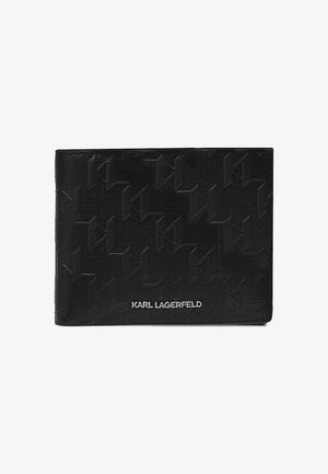 Portafoglio nero con motivo in rilievo e logo "KARL LAGERFELD" argento al centro davanti.