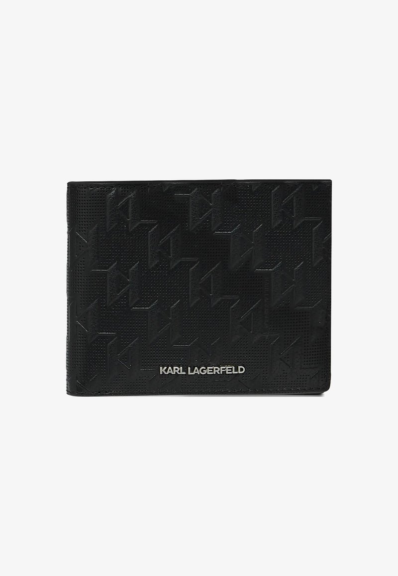 Portefeuille noir avec motif embossé et logo argenté "KARL LAGERFELD" au centre devant.
