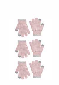 Guanti a maglia rosa chiaro con polsini a coste e accenti grigi sulle punte delle dita, disposti in totale in sei paia organizzati in due righe da tre.