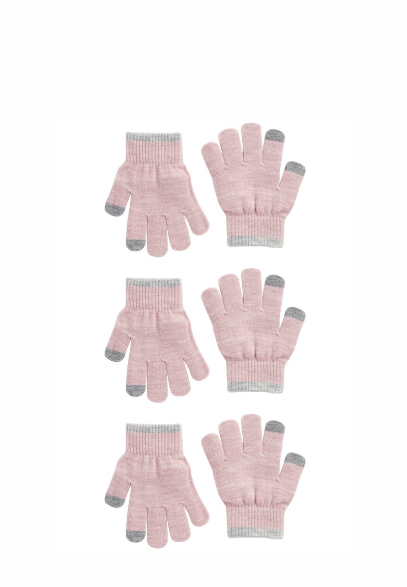 Guanti a maglia rosa chiaro con polsini a coste e accenti grigi sulle punte delle dita, disposti in totale in sei paia organizzati in due righe da tre.