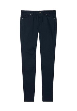 Pantalon noir slim-fit avec fermeture à bouton et à zip à l'avant, deux poches avant et passants de ceinture, présenté sur fond blanc.