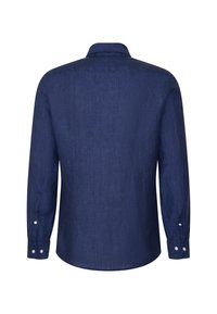 Camicia a maniche lunghe blu navy in lino, con colletto classico, polsini con bottoni e una superficie leggermente texturizzata. Vista posteriore.
