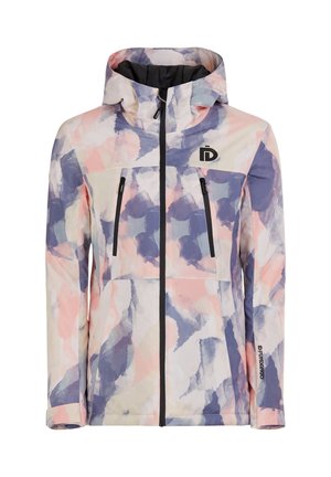 Dames outdoorjas met capuchon, voorzien van een abstract patroon in roze, paars en crème, zwarte ritssluiting en twee verticale borstzakken met rits.