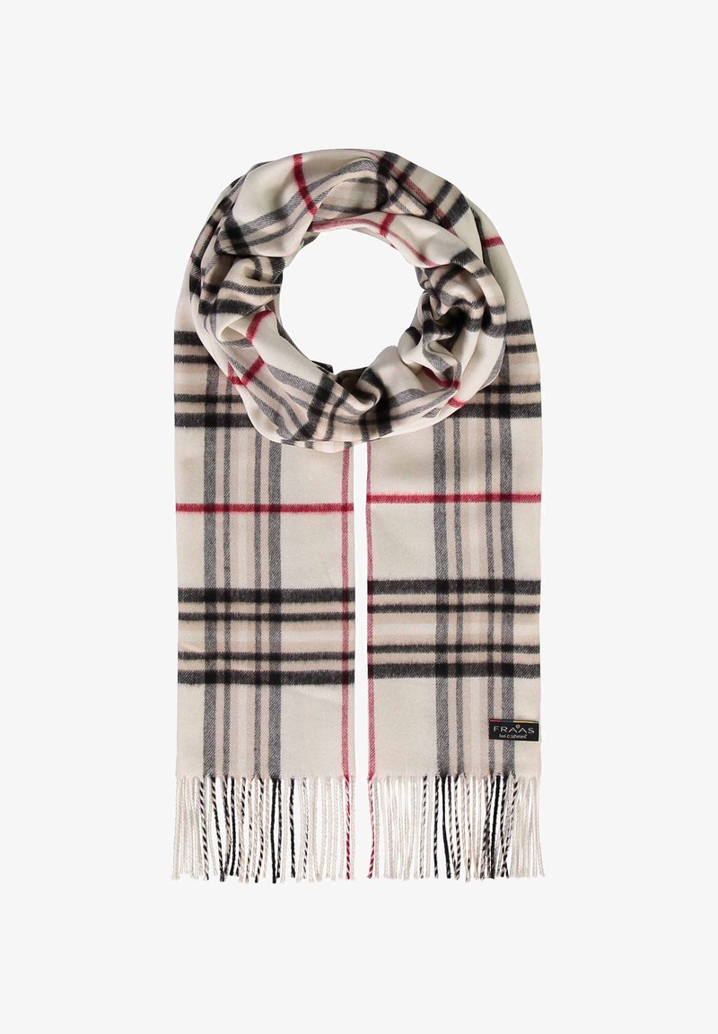 Bežinė langeliais skara su juodomis ir raudonomis linijomis, su kutais ant galų, pagaminta iš minkštos tekstilės medžiagos.