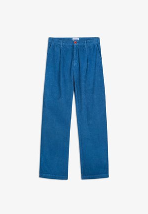 Blauwe corduroy broek met een losse pasvorm, voorzien van voorplooien, een knoopsluiting en een subtiele geribbelde textuur.