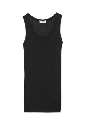 Musta hihaton toppi, joka on valmistettu pehmeästä kankaasta. Pyöreä pääntie ja olkaimettomuus. Yksinkertainen, tasavärinen ilman muita kuvioita tai yksityiskohtia.