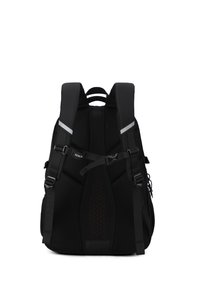 Sac à dos noir avec un panneau arrière en maille, des bretelles réglables et des accents réfléchissants. Comprend plusieurs points de fixation et des boucles sécurisées.