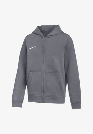 Sweat à capuche gris zippé intégral avec poches avant, logo Nike sur la poitrine gauche, et capuche attachée.