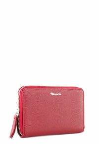 Red leather wallet with a textured finish, zip closure, brand logo on front, and a side tab for easy handling.