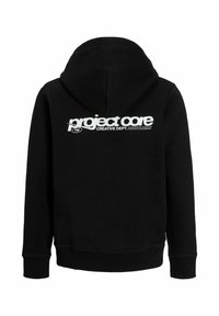 Felpa nera con cappuccio che presenta una grande stampa grafica bianca sul retro con la scritta "project core" e "CREATIVE DEPT." sottostante.