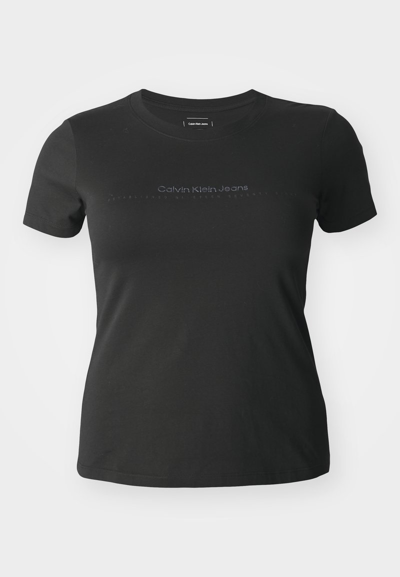 Black short-sleeve t-shirt made of cotton, featuring a round neck and a subtle “Calvin Klein Jeans” logo printed across the front.