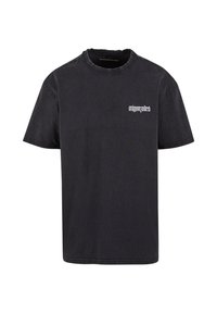 Sort bomulds T-shirt med korte ærmer, rund hals og et hvidt logo på venstre bryst. Klassisk pasform med en glat tekstur og uden mønstre.