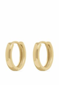 Guldörhängen med en polerad yta, som har en slät ytteryta och en texturerad innersida, och som visar en modern cirkulär design.