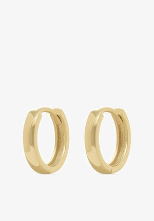 Guldøreringe i hoops med poleret overflade, der har en glat ydre overflade og struktureret inderside, som viser et moderne cirkulært design.