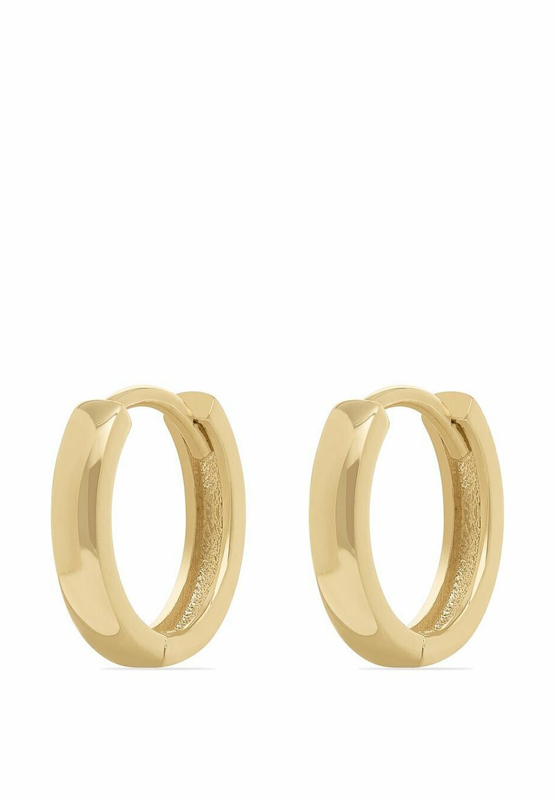 Guldörhängen med en polerad yta, som har en slät ytteryta och en texturerad innersida, och som visar en modern cirkulär design.