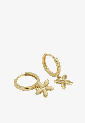 Goldene Creolen mit kleinen fünfblättrigen Blumenanhängern, die an jedem Reifen auf einem weißen Hintergrund baumeln.