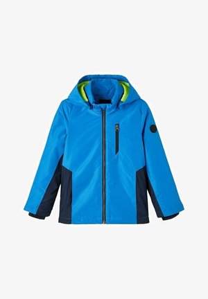 Chaqueta con capucha para niños de color azul con paneles laterales negros, cremallera frontal, bolsillo en el pecho y forro de capucha verde lima.