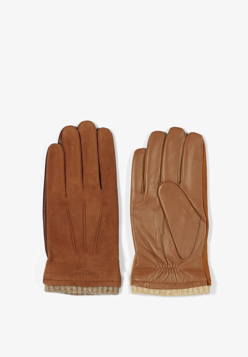 Hnědé kožené rukavice s kombinací hladkých a semišových textur, s pleteným manžetovým lemem a dekorativními švy na zadní straně.