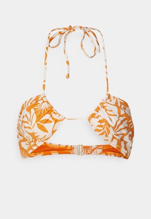 Narancssárga és fehér virágmintás bikini felső, állítható húzóspántokkal, redőzött anyaggal és arany színű csattal a hátsó részen.