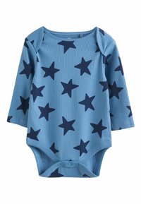 Body côtelé à manches longues bleu avec motifs d'étoiles bleu foncé, doté de pressions à l'entrejambe et d'un col large pour un habillage facile.