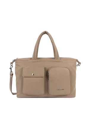 Sac à main rectangulaire beige avec deux poches avant, l'une avec un bouton-pression et l'autre avec une fermeture éclair, et deux poignées supérieures.