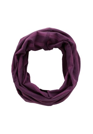 Tour de cou en tissu violet avec des rayures horizontales subtiles, disposé en boucle circulaire sur fond blanc.
