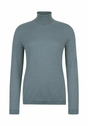 Rollkragenpullover aus weichem, gedämpftem Teal-Wollgemisch. Besitzt lange Ärmel, einen gerippten Kragen und Bündchen, mit einer glatten Textur und klassischer Passform.